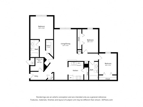 Floor plan for 3 beds, 2 baths, 1235 sqft